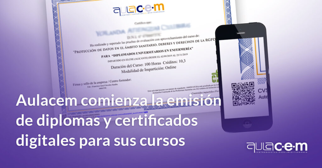 Desde Aulacem vamos a poner en funcionamiento un novedoso sistema de expedición de diplomas y certificados digitales que facilitará nuestro trabajo y mejorará el servicio que pretendemos ofrecer a nuestros alumnos. Esto es posible gracias al Código Seguro de Verificación o CVS.